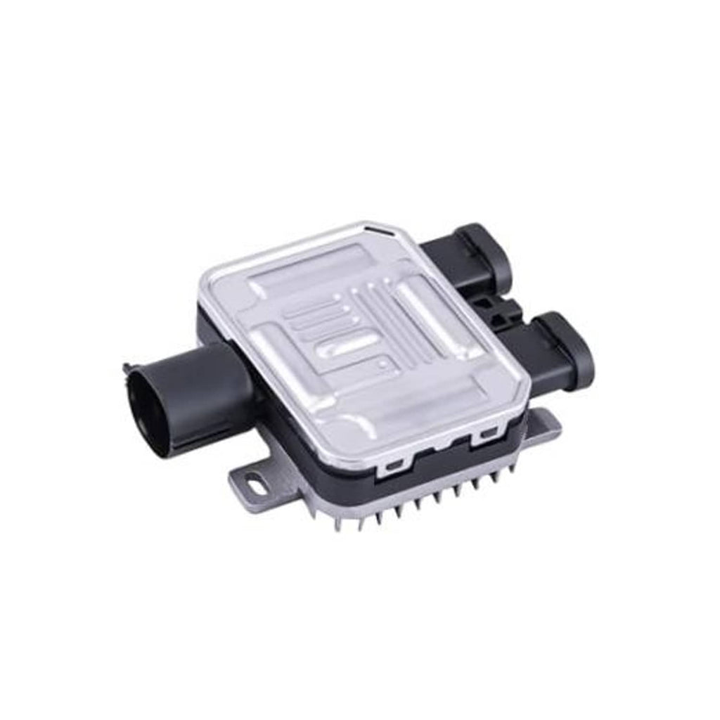 Radiator cooling fan control module relay with two mounting connectors, silver and black