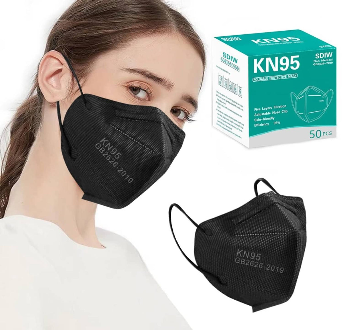 Black KN95 face mask with pleated filter and adjustable nose clip