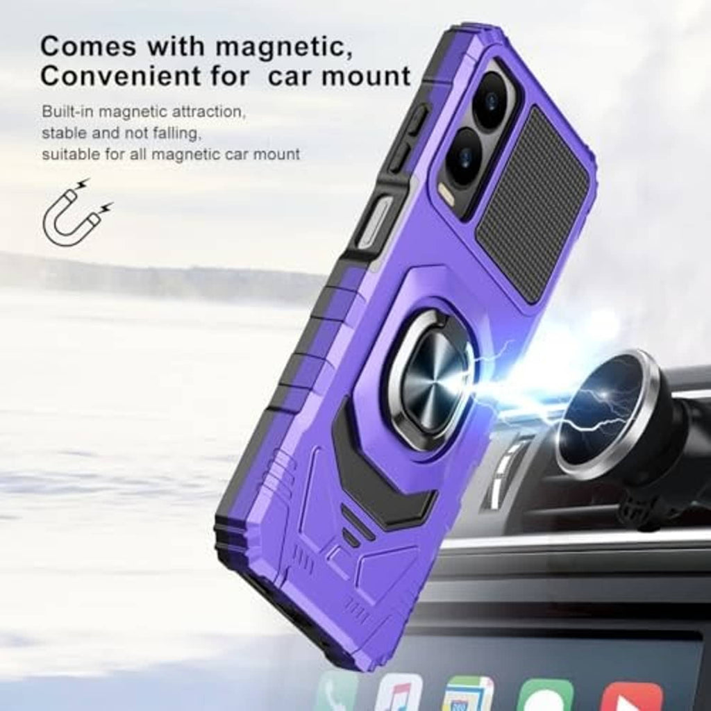 Purple rugged phone case with large ring grip and magnetic mount compatibility for cars