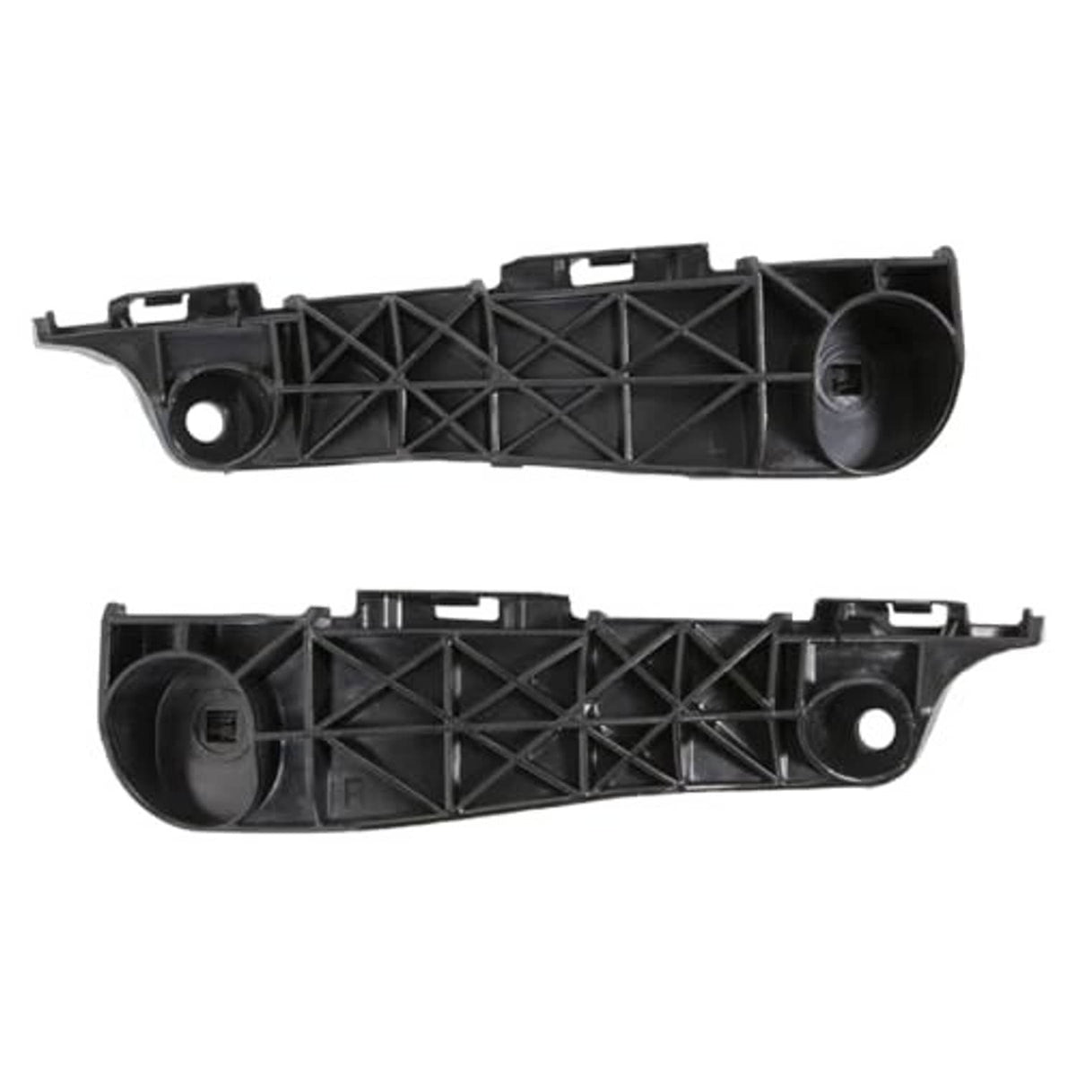 Pair of black front bumper brackets with crisscross reinforcement and circular end caps