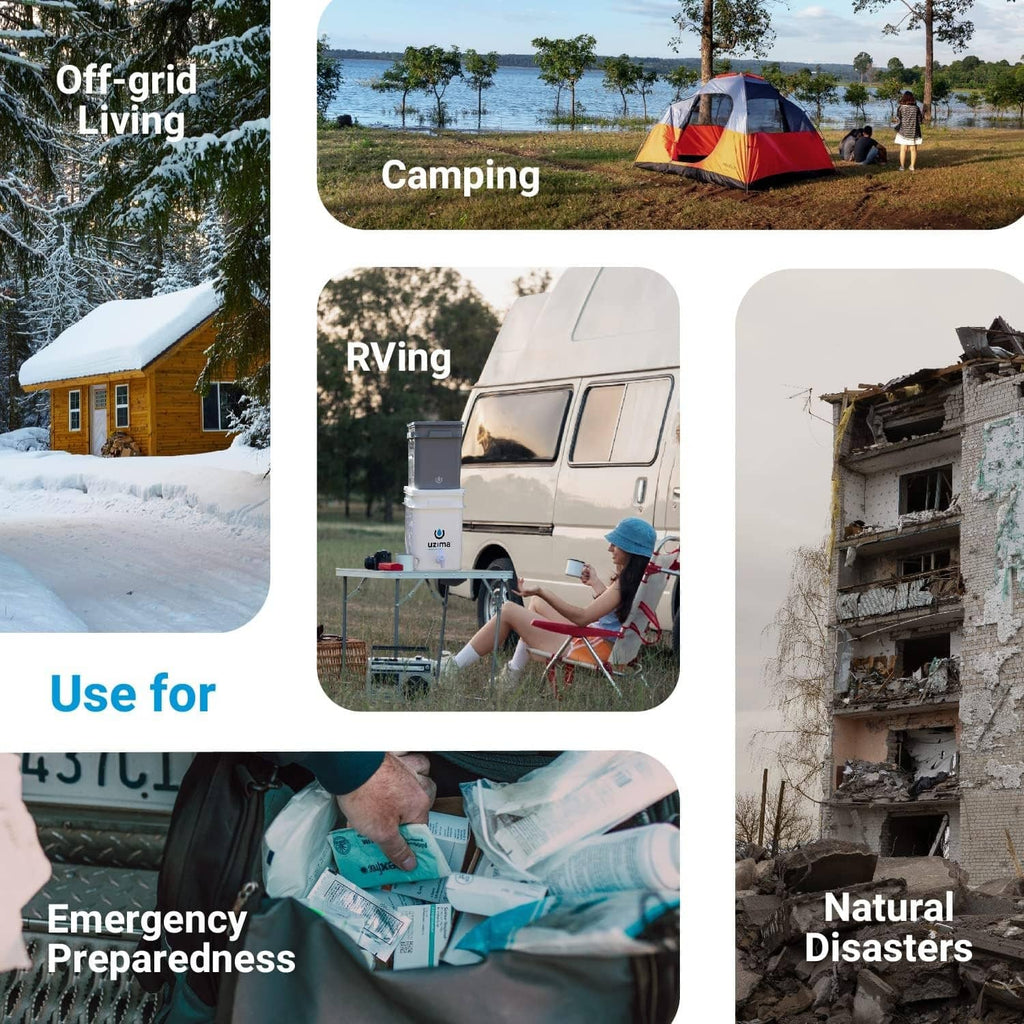 Portable water filter system shown for camping, RV use, and emergency preparedness