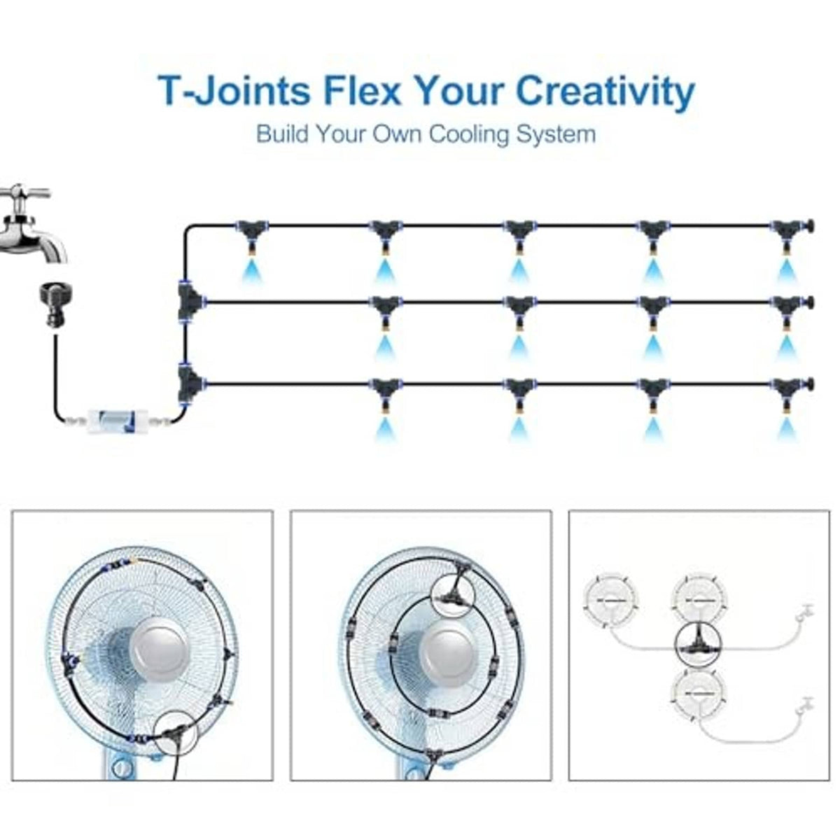 Set of black T-joint connectors and nozzle sprayers for building a misting line