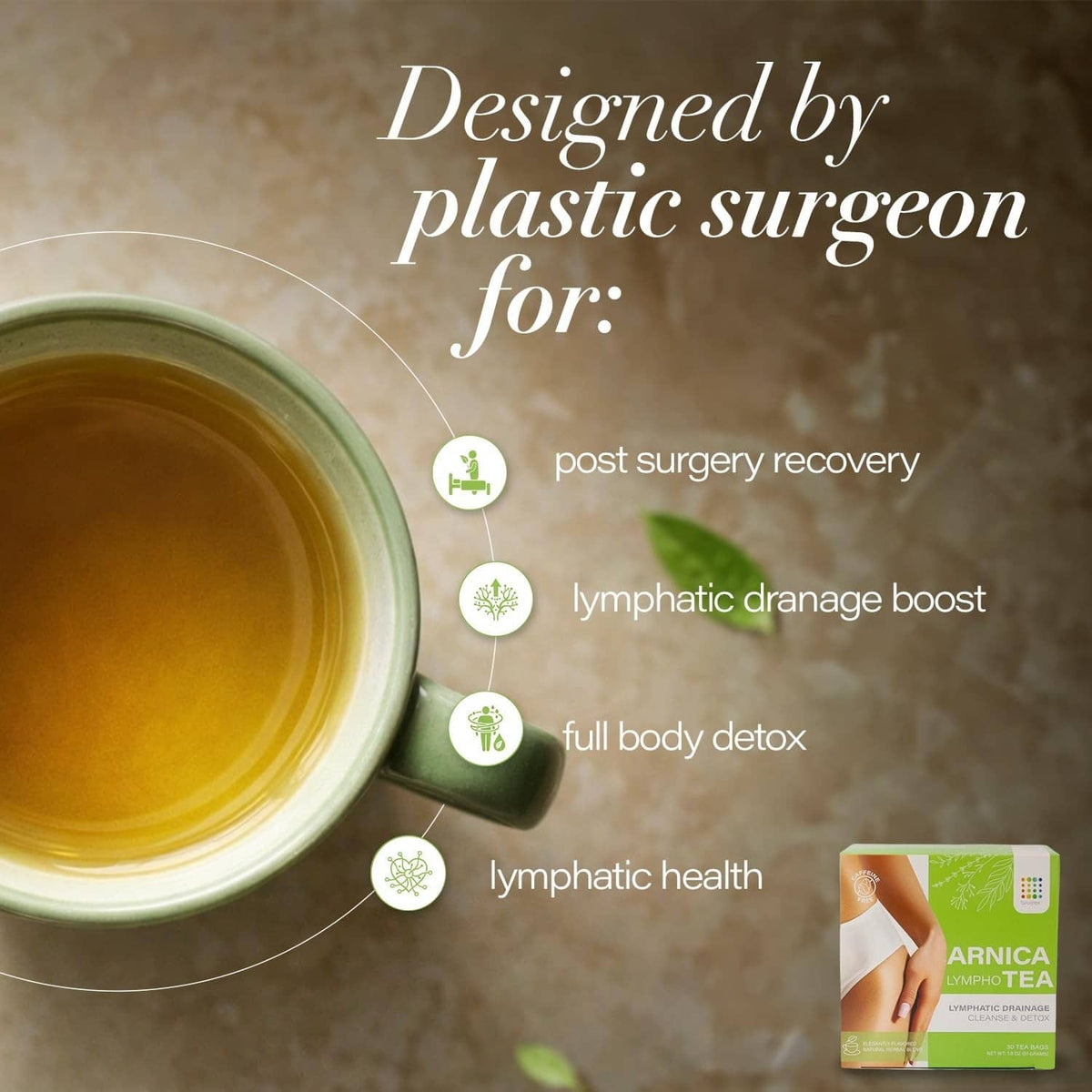 Herbal tea cup with lymphatic arnica tea box and benefit icons
