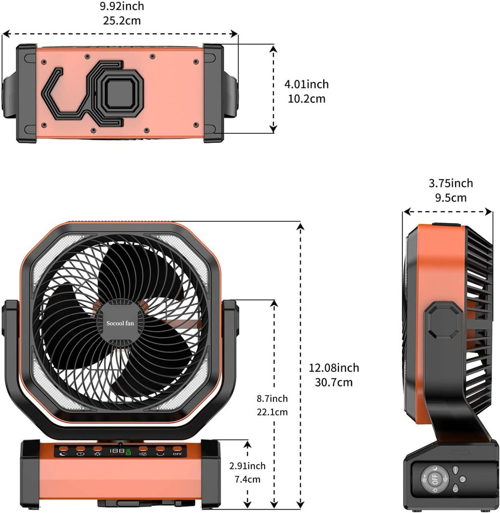 Rechargeable camping fan with light, orange and black dimension view of fan and base