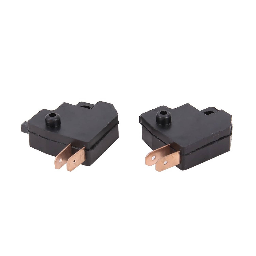 Two black brake stop light switch units with copper terminals and mounting base