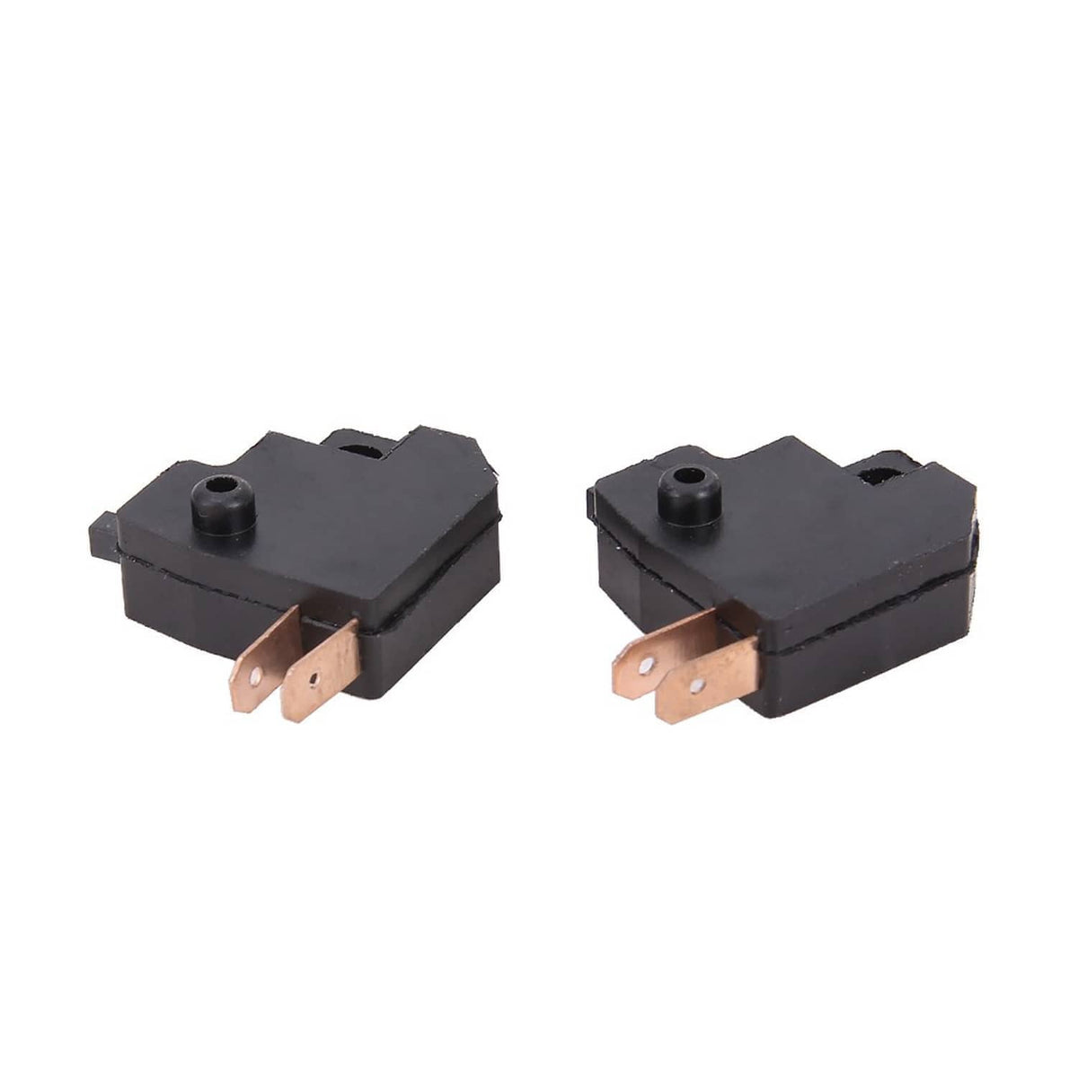 Two black brake stop light switch units with copper terminals and mounting base