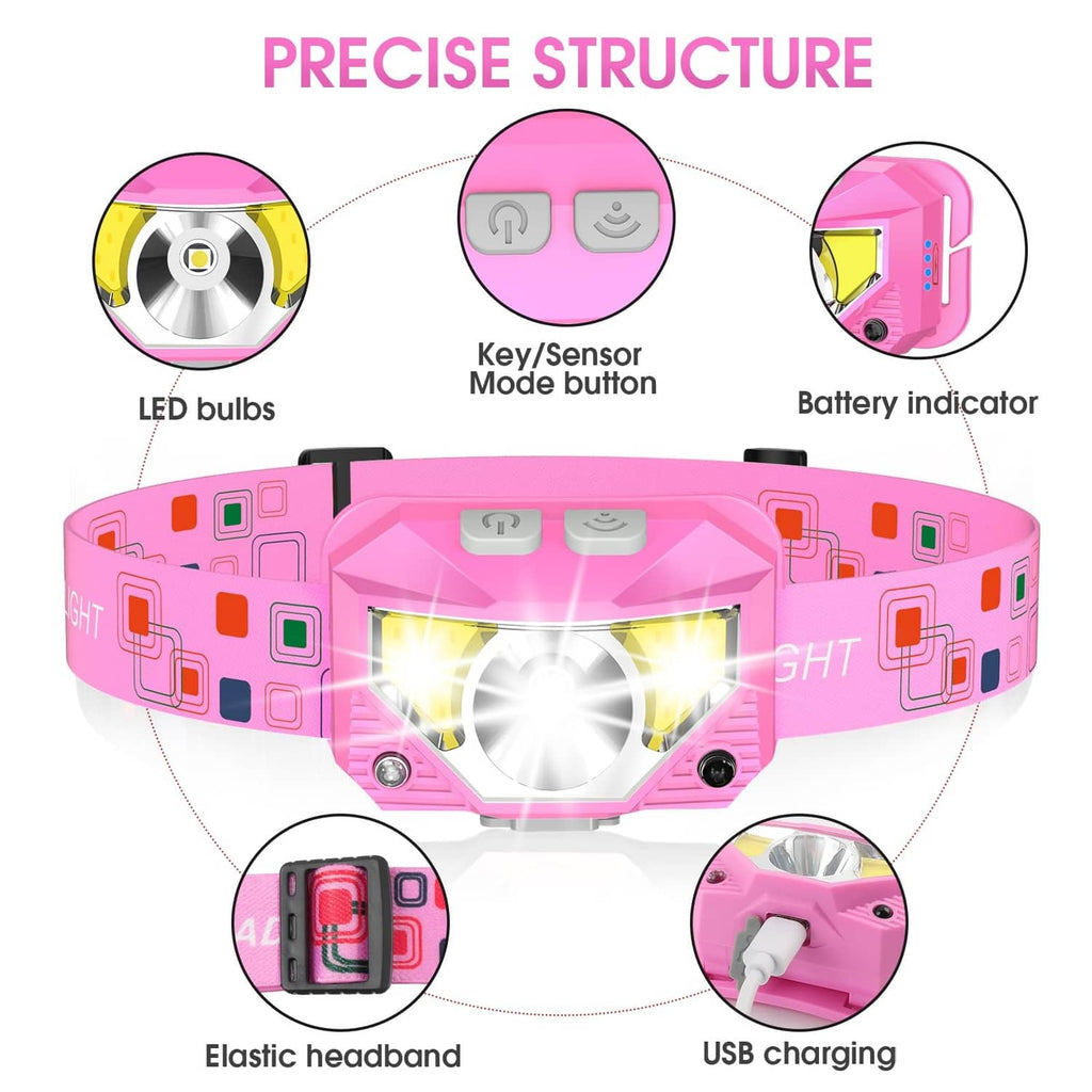 Pink LED headlamp on elastic strap with two top buttons and USB charging port detail