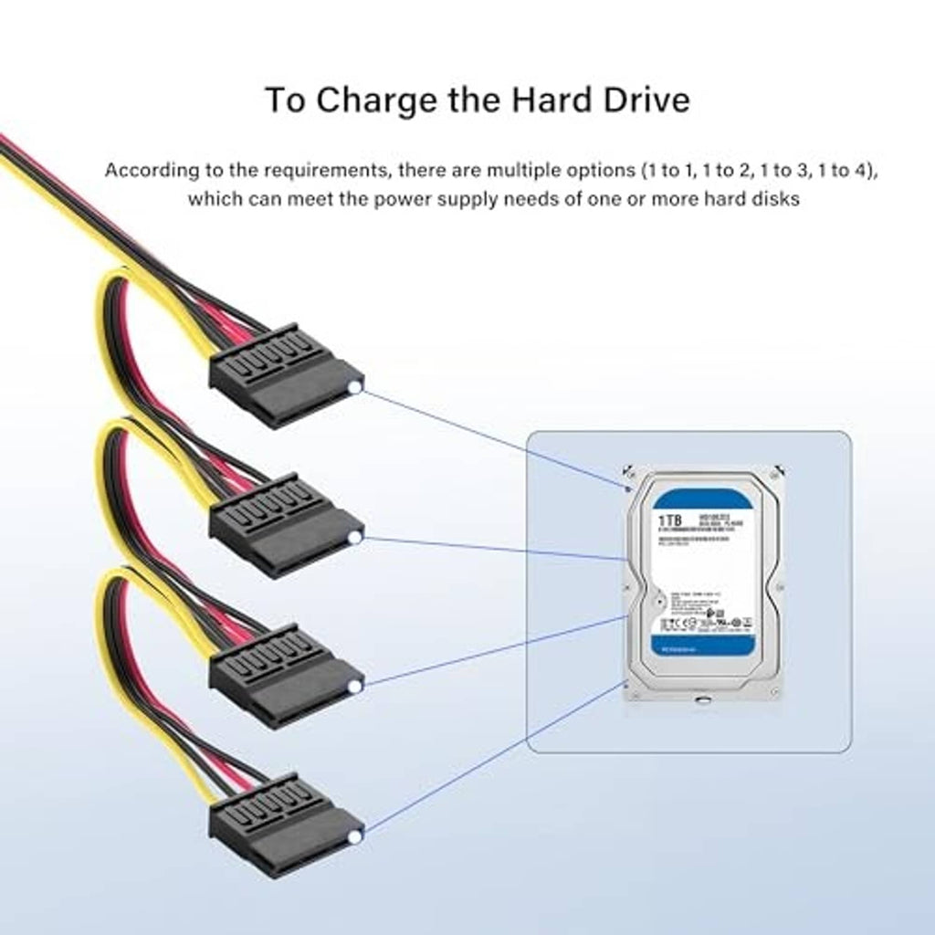 ATX 6-pin to SATA power cable with four outputs connected to a SATA hard drive