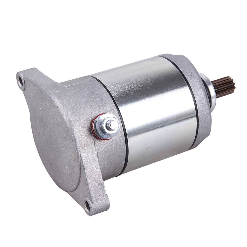 Starter motor assembly front view with mounting holes and exposed gear shaft