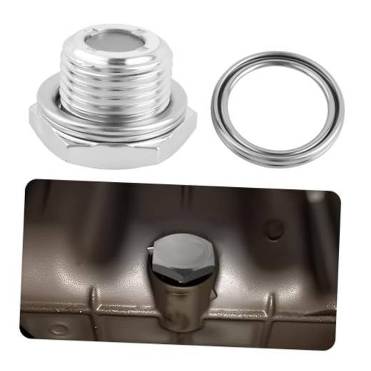 Rear differential fill plug kit with threaded metal plug and seal ring washer