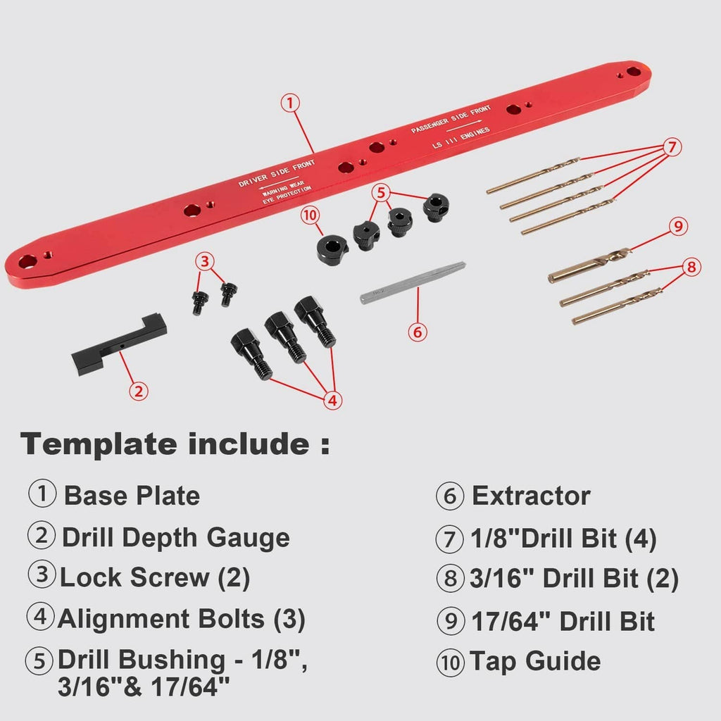 Manifold drill template parts diagram with red base plate, drill depth gauge, and bits