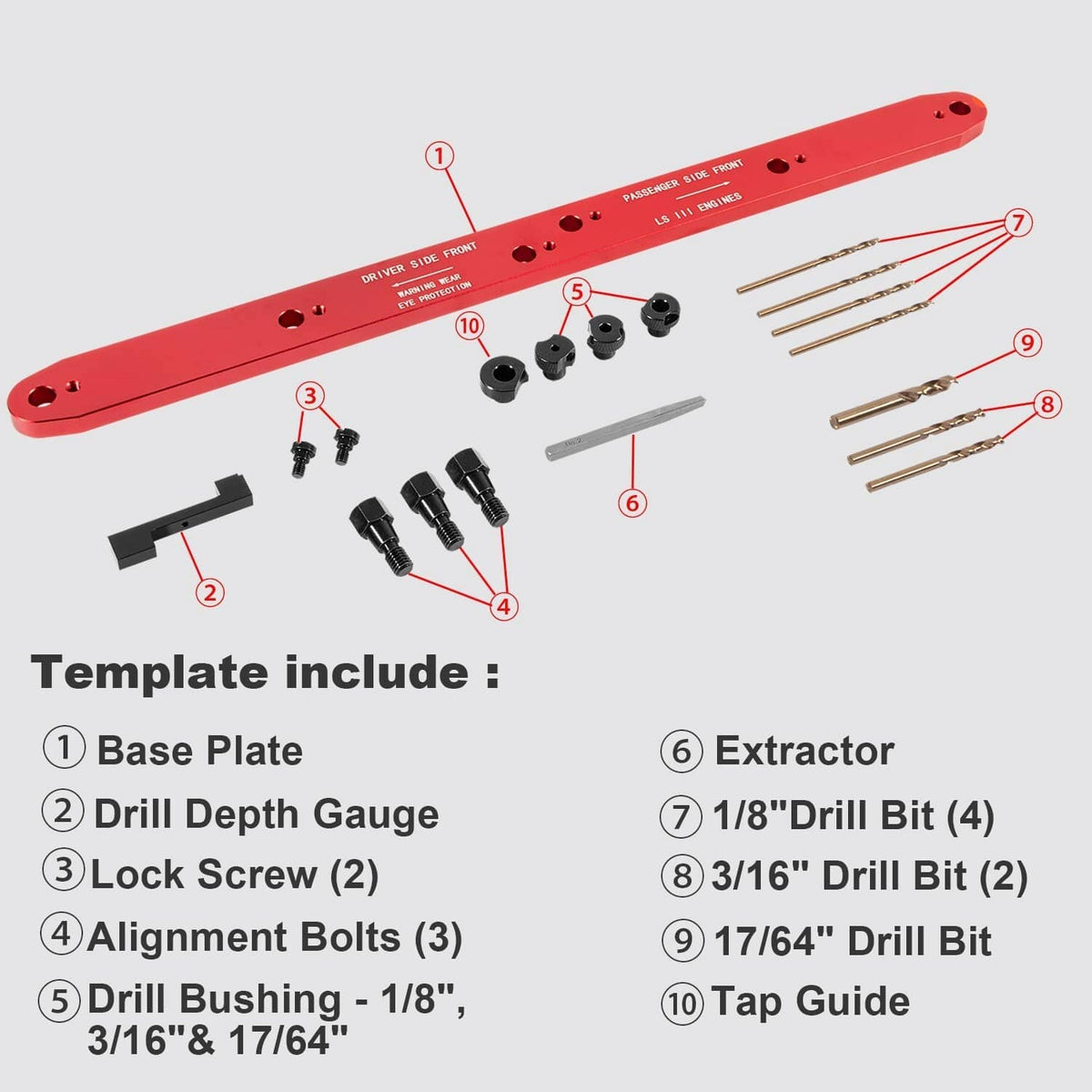 Manifold drill template parts diagram with red base plate, drill depth gauge, and bits