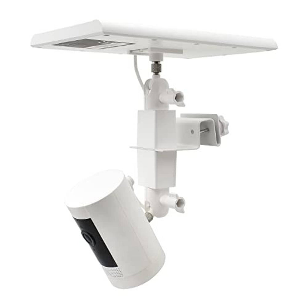 White gutter mount with solar panel platform and pivoting camera mount bracket