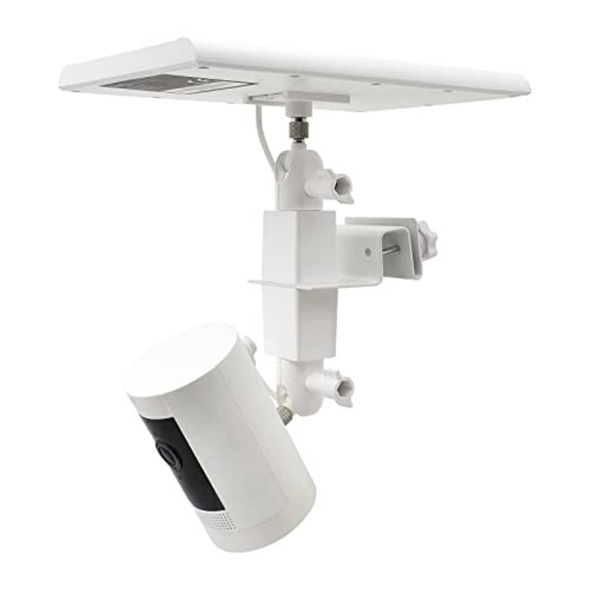 White gutter mount with solar panel platform and pivoting camera mount bracket