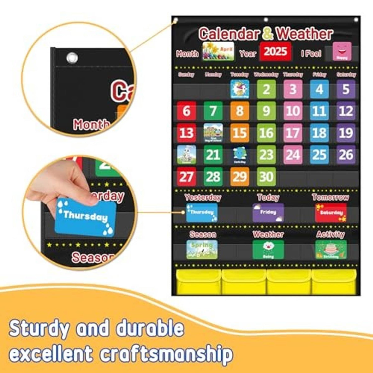 Black calendar & weather pocket chart with Velcro-backed top edge protection