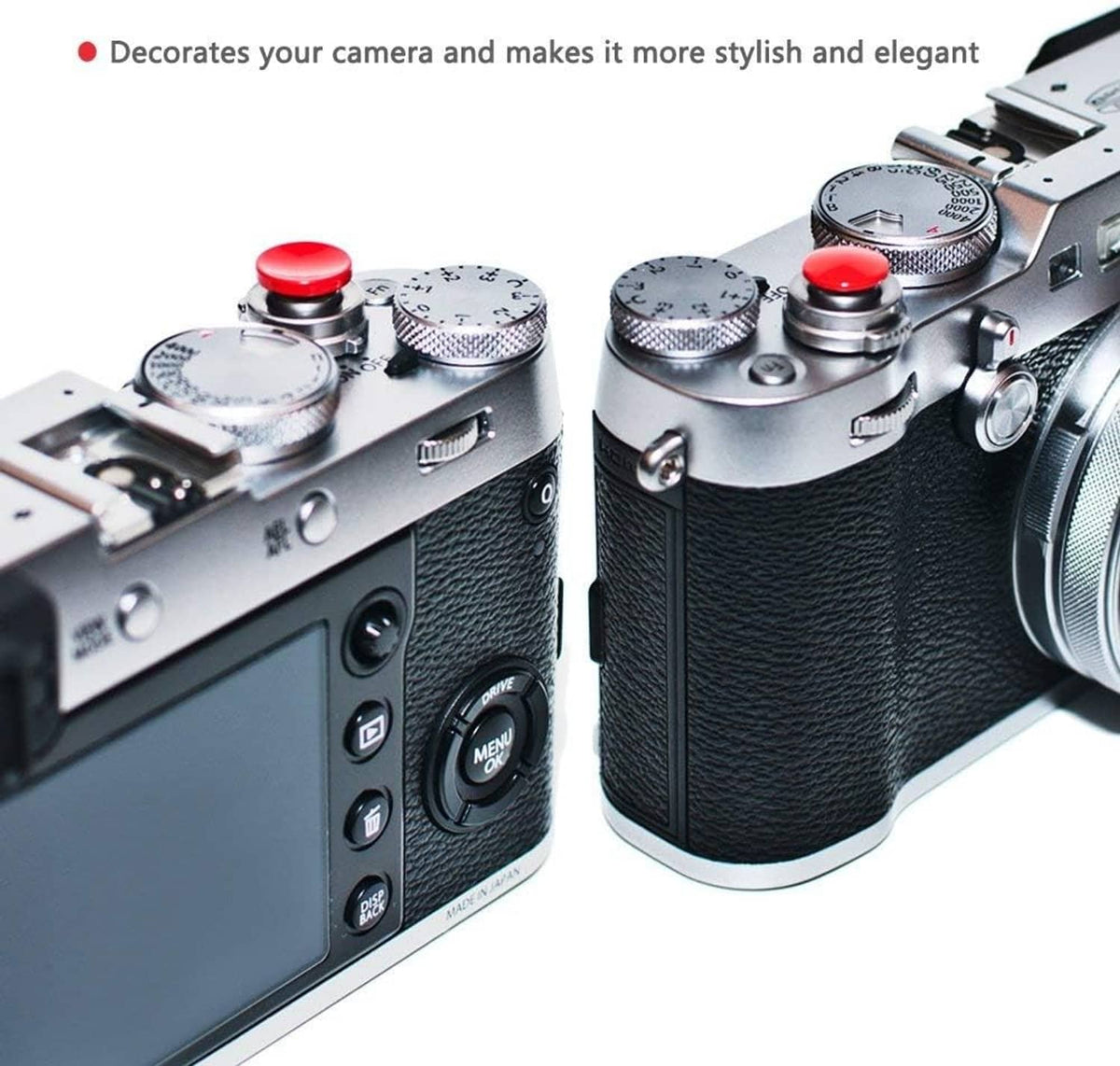 Two cameras with red soft shutter release buttons on the top plate.