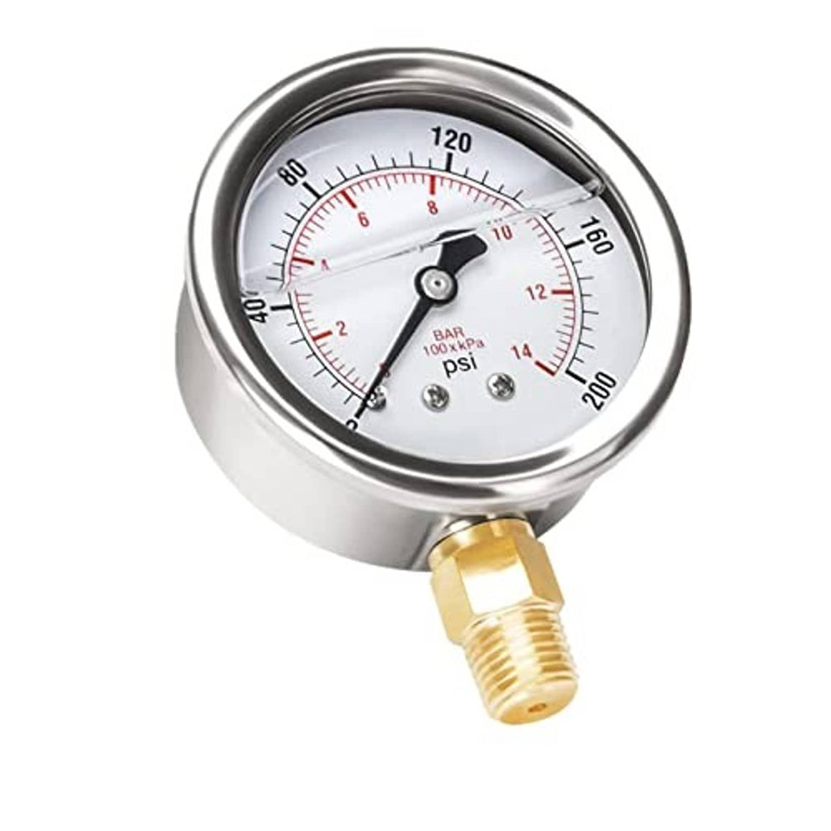 Pressure gauge with dial marked bar/psi and gold threaded connection