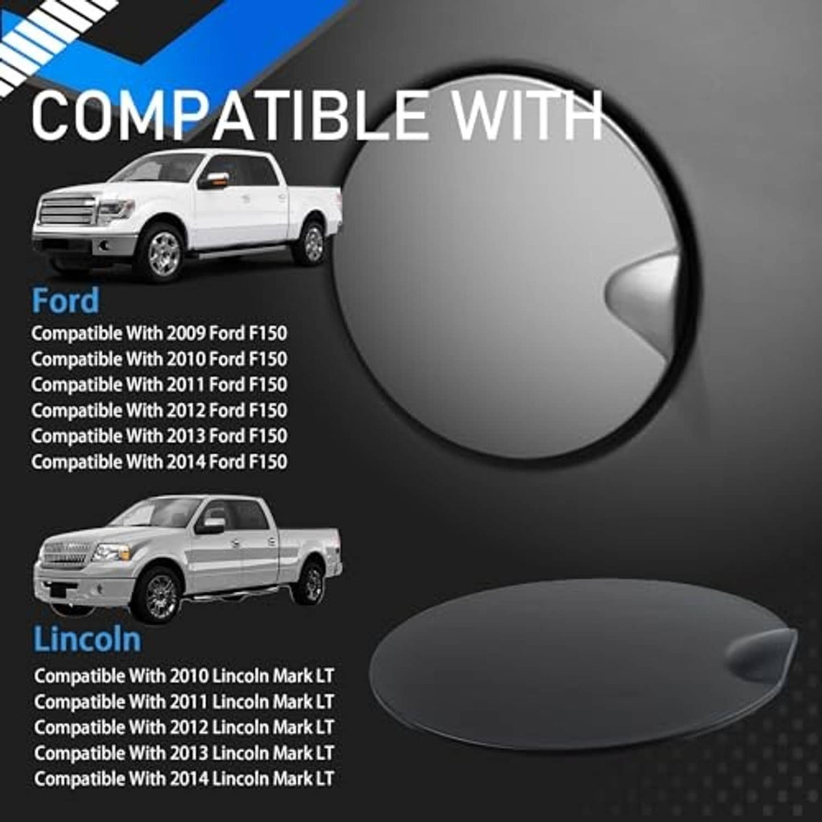 Matte black round gas tank door cover, close-up contoured rim and pull tab