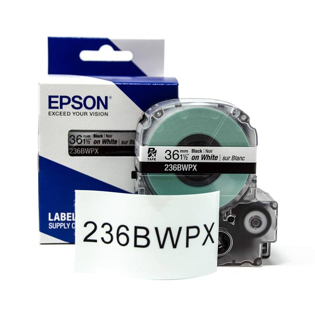 Label tape cartridge with tape roll and front label, black on white, 36.5mm