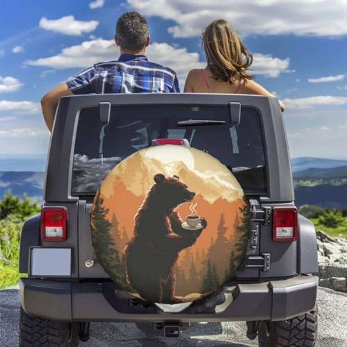 RV spare tire cover fitted on rear tire, bear holding coffee cup sunset forest design
