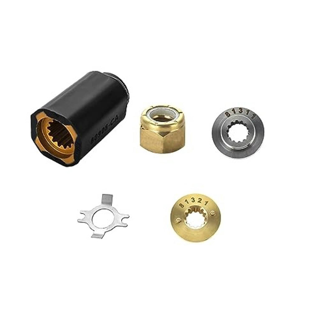 Boat propeller installation hub kit with black hub, brass nut, steel sprocket, and clip