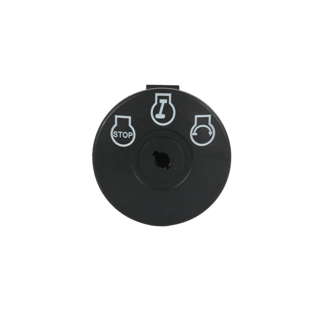 Black ignition switch face with STOP and start icons, round key slot