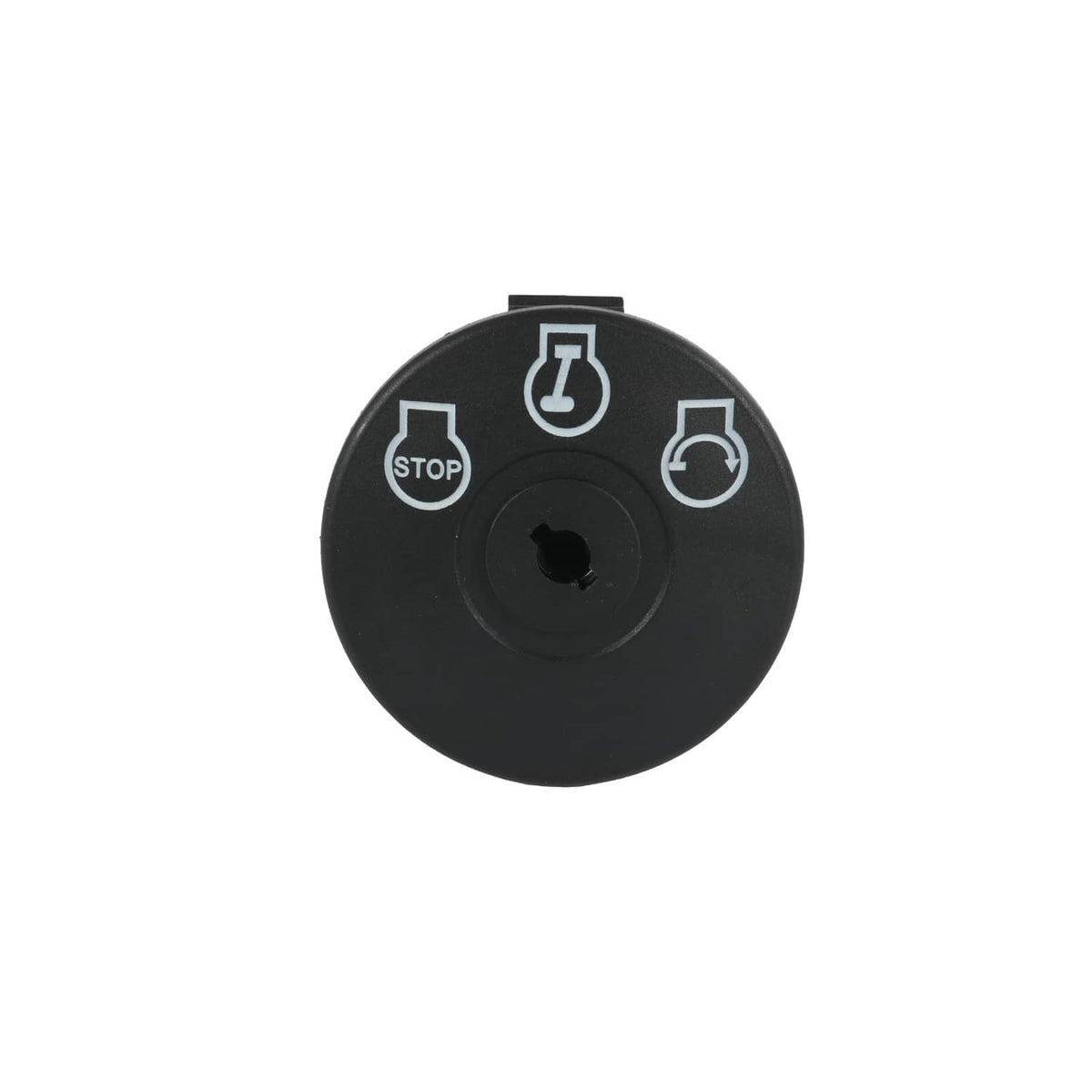 Black ignition switch face with STOP and start icons, round key slot