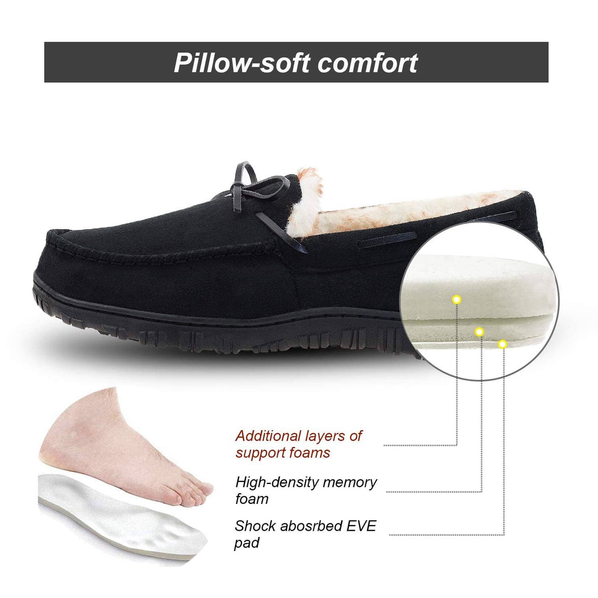 Men's black moccasin slippers with plush lining and cushioned support insole