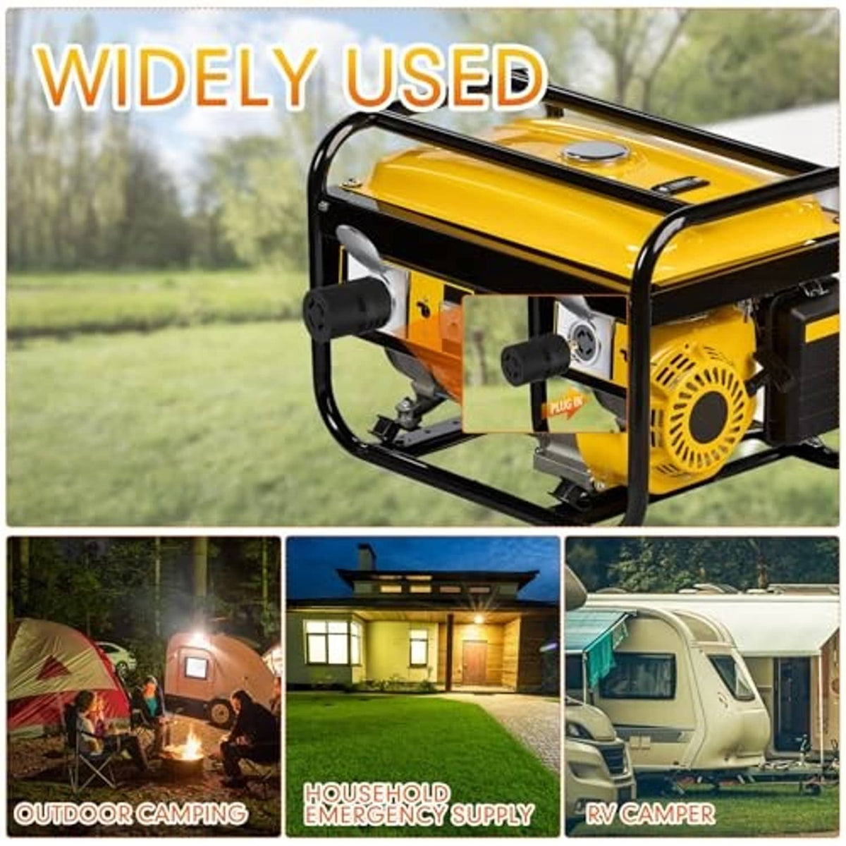 Adapter in use on yellow generator with connected cables for outdoor power backup