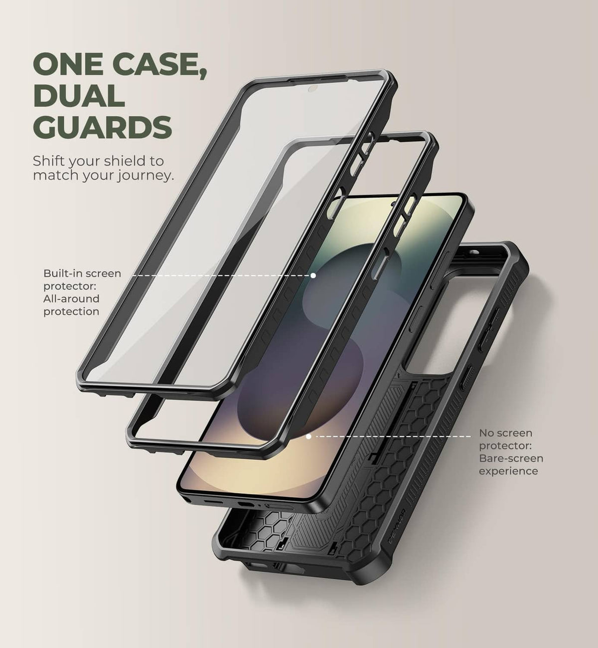 Black dual-guard Samsung S26 Ultra case with transparent front cover