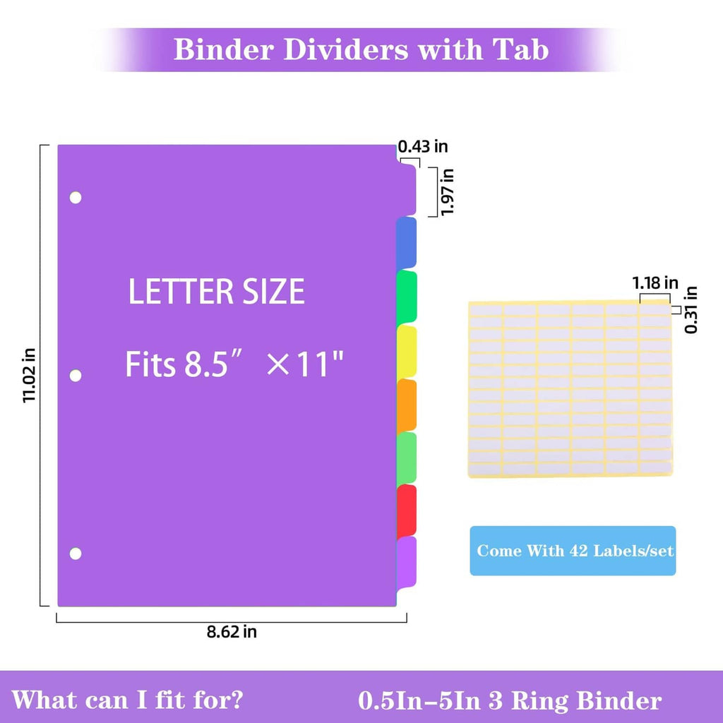 Letter-size 3-ring binder divider sheet with 8 tabs and measurement labels, purple