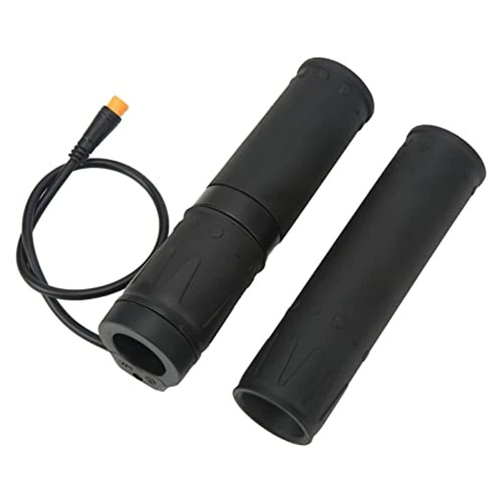 Motorcycle electric throttle grips with split rubber joint, two black sleeves, cable with orange connector