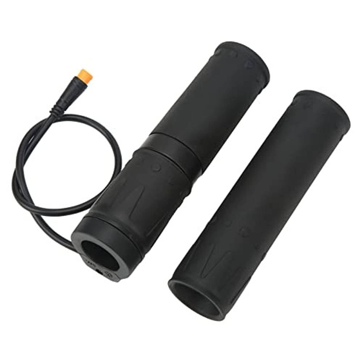 Motorcycle electric throttle grips with split rubber joint, two black sleeves, cable with orange connector