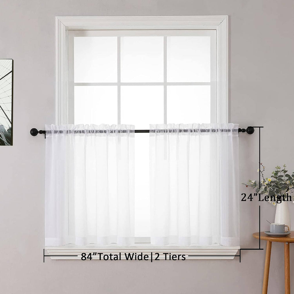 Sheer white 24-inch window curtains, two tiers, ruffle rod pocket top
