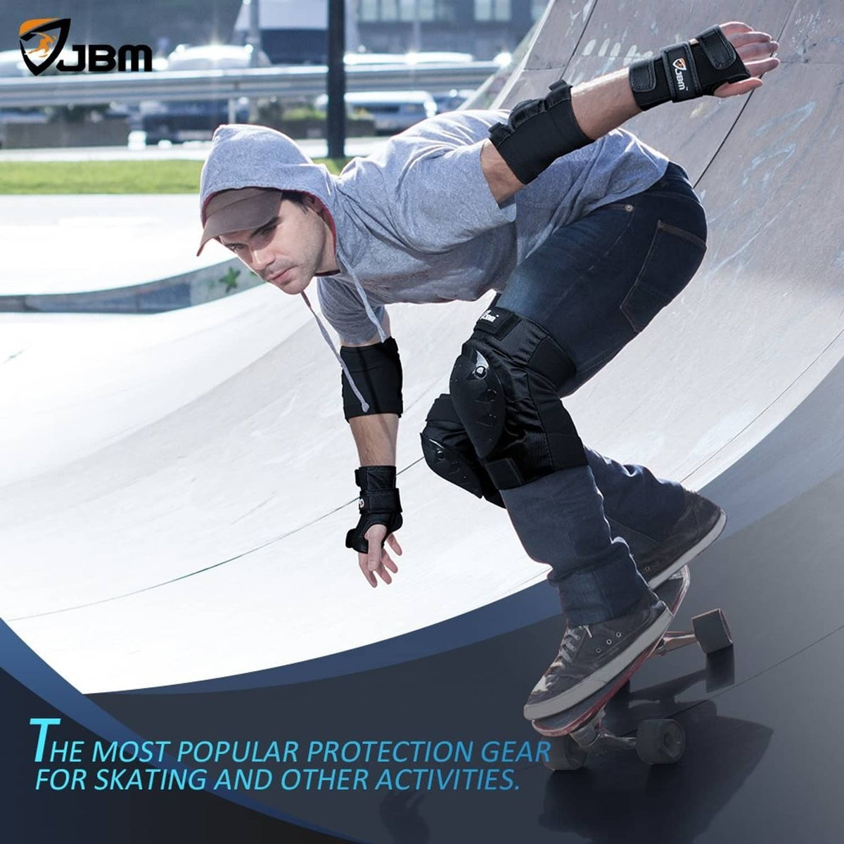 Black knee, elbow, and wrist guards worn by a child while skateboarding
