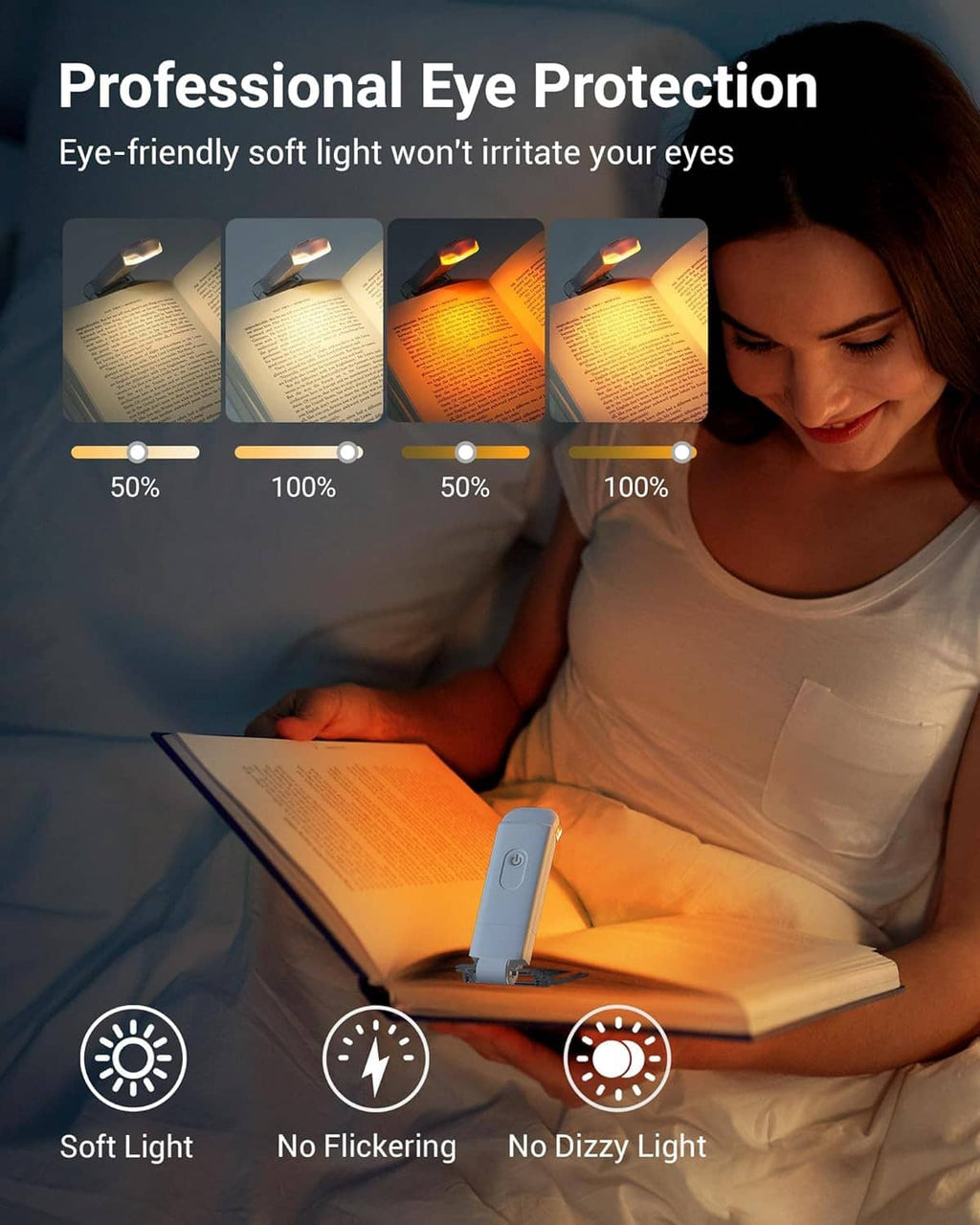 Clip-on LED book light casting a warm glow on book pages during bedside reading