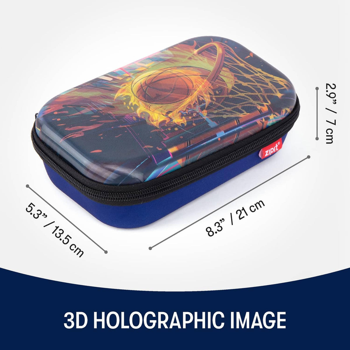 ZIPIT 3D pencil case, blue base and black zipper, basketball flame-net 3D design.