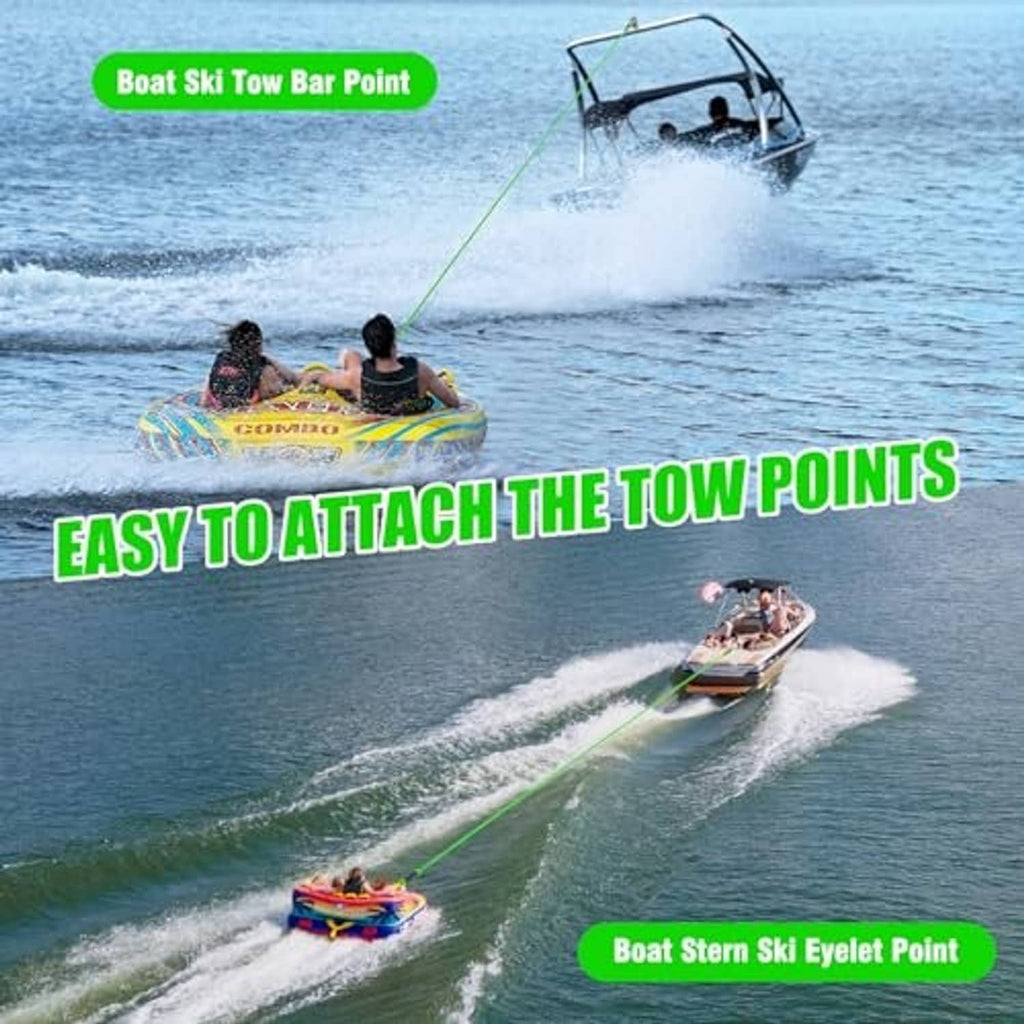 Green tow rope connected to boat tow points for water tubing