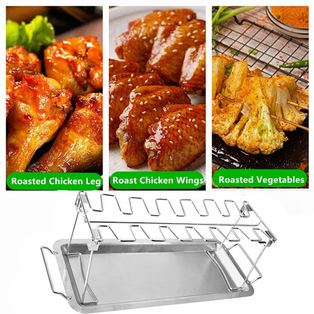 Stainless steel chicken leg rack with drip tray and roasting slots