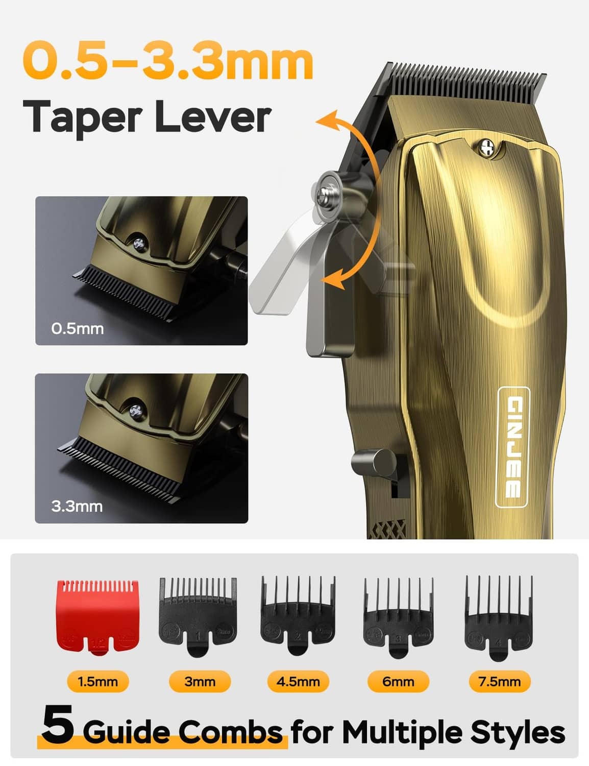 Gold hair clipper with taper lever and five guide combs labeled 0.5–7.5mm