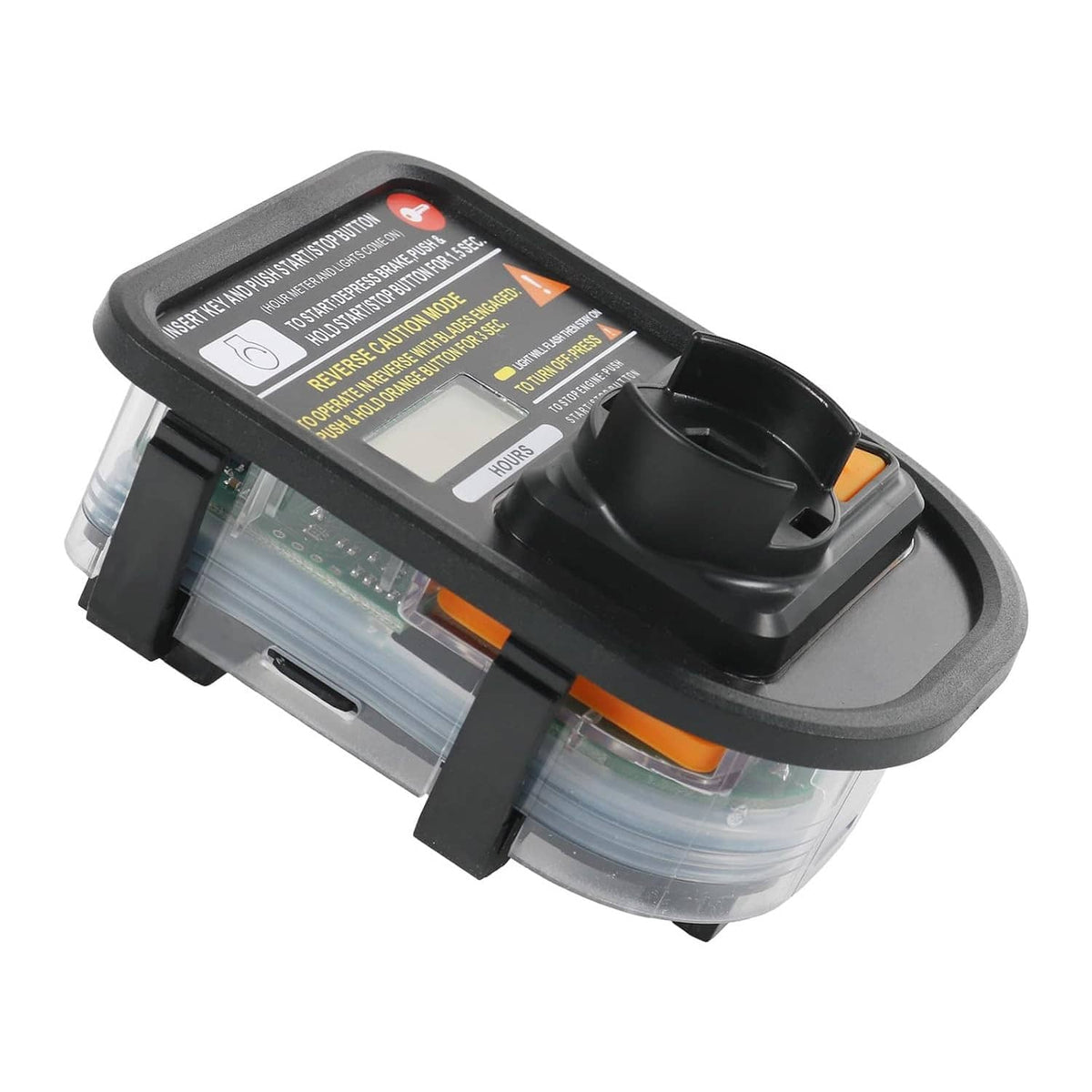 Hour service meter module angled view with clear cover and black casing