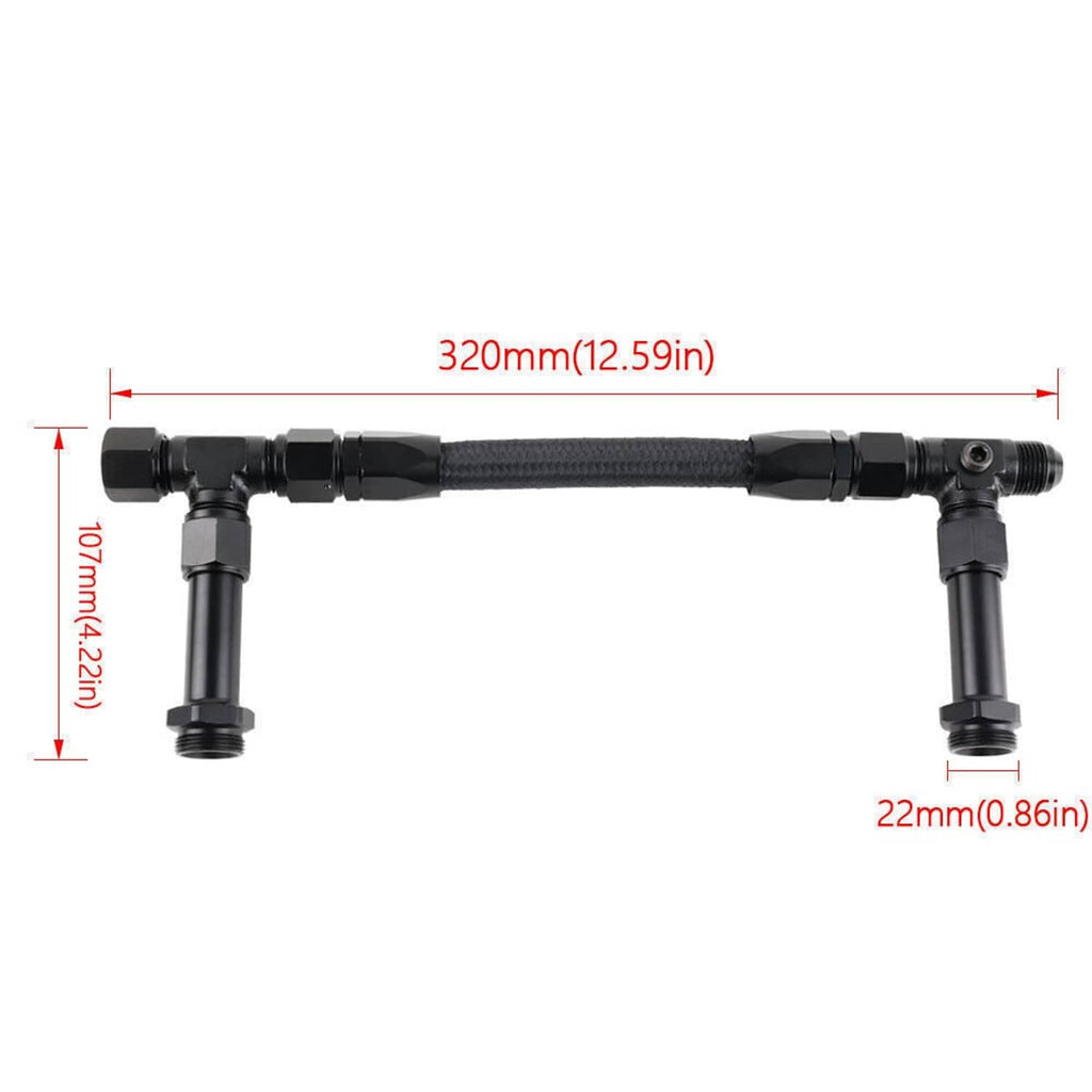Braided fuel line kit with black fittings, 320 mm overall length