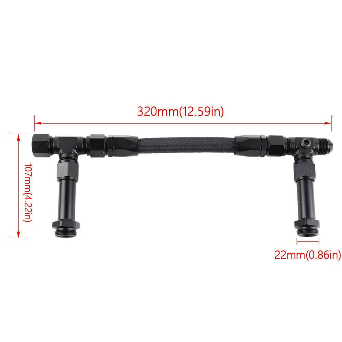 Braided fuel line kit with black fittings, 320 mm overall length
