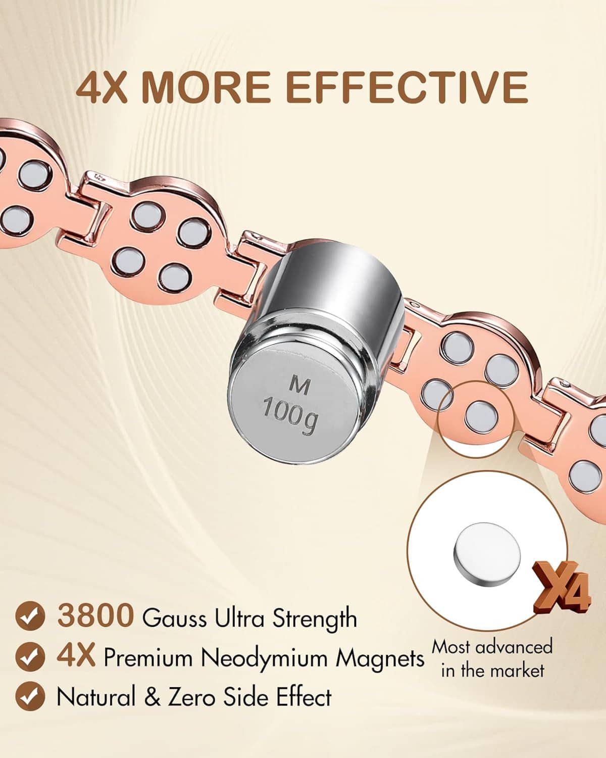 Rose gold magnetic bracelet with rhinestone links and round magnetic clasp detail