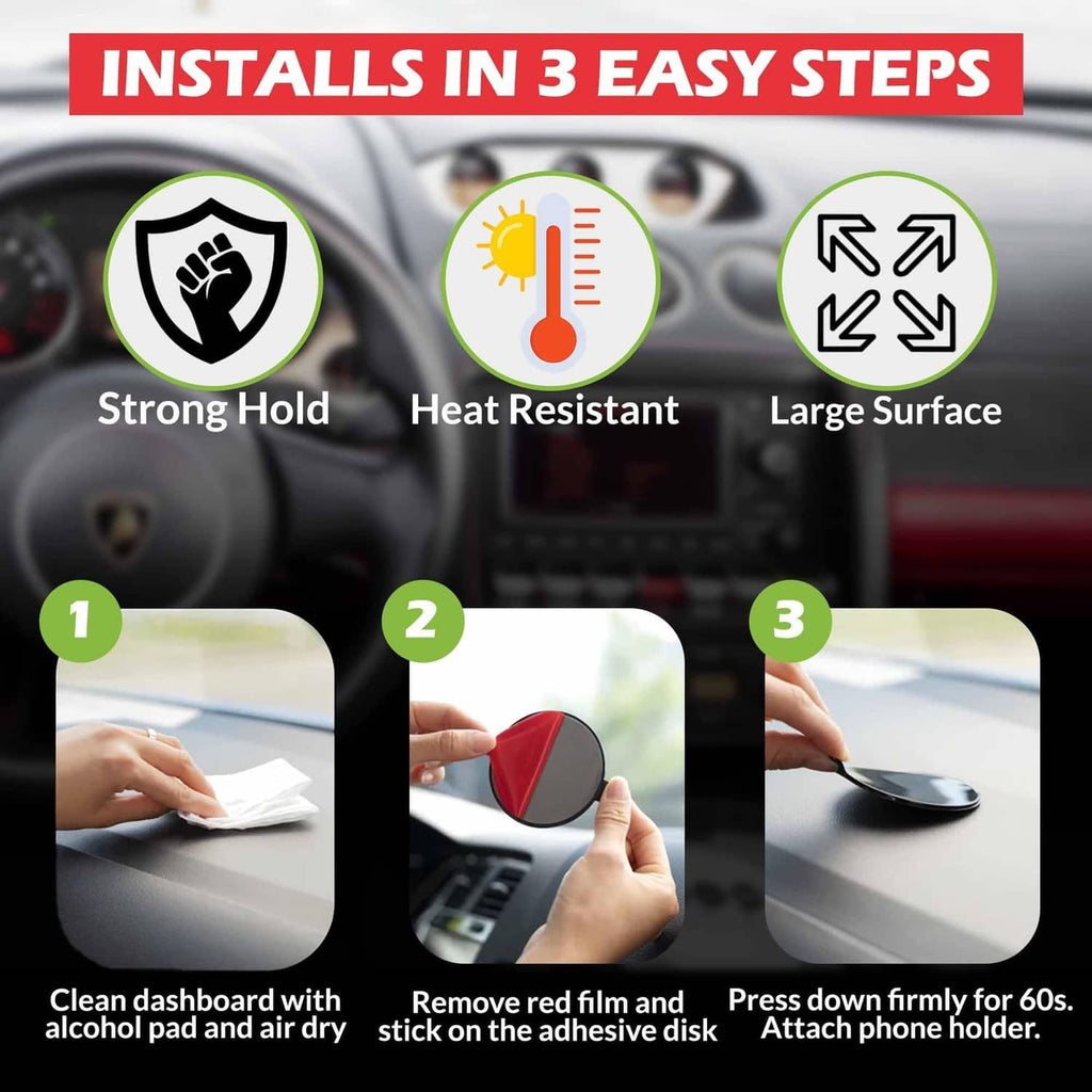 Round adhesive mounting disk with red backing and black suction rim, shown for dashboard use.
