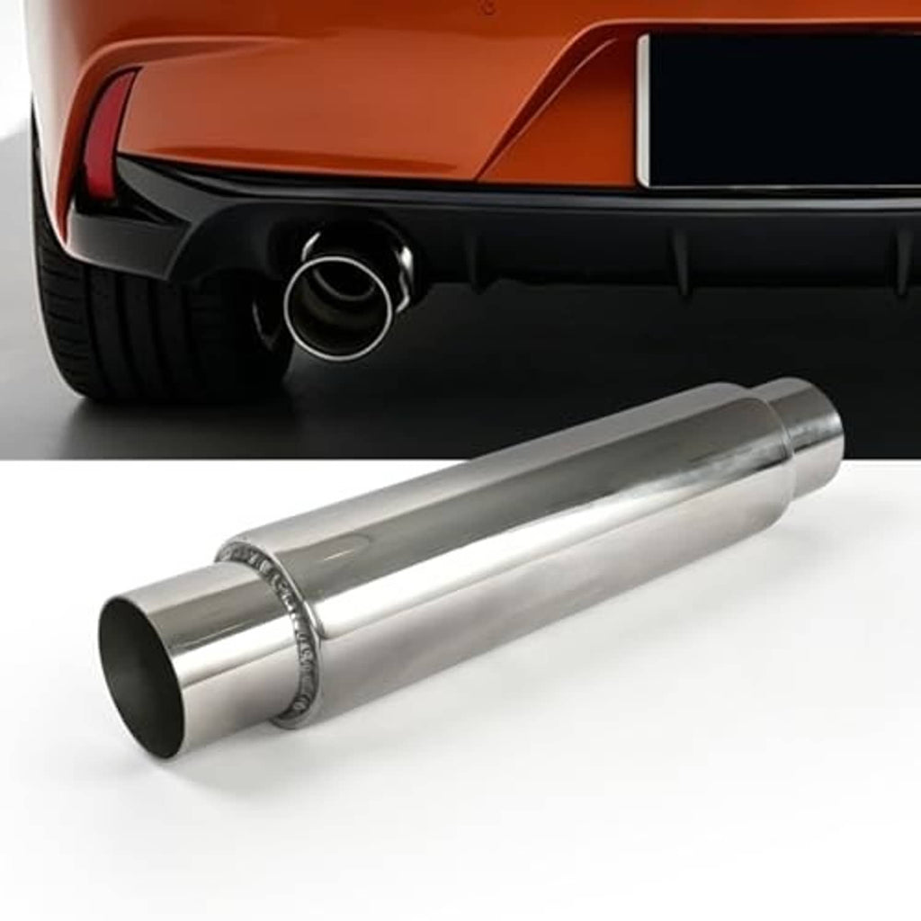 Stainless steel resonator muffler, straight-through body with 2.25 in inlet opening
