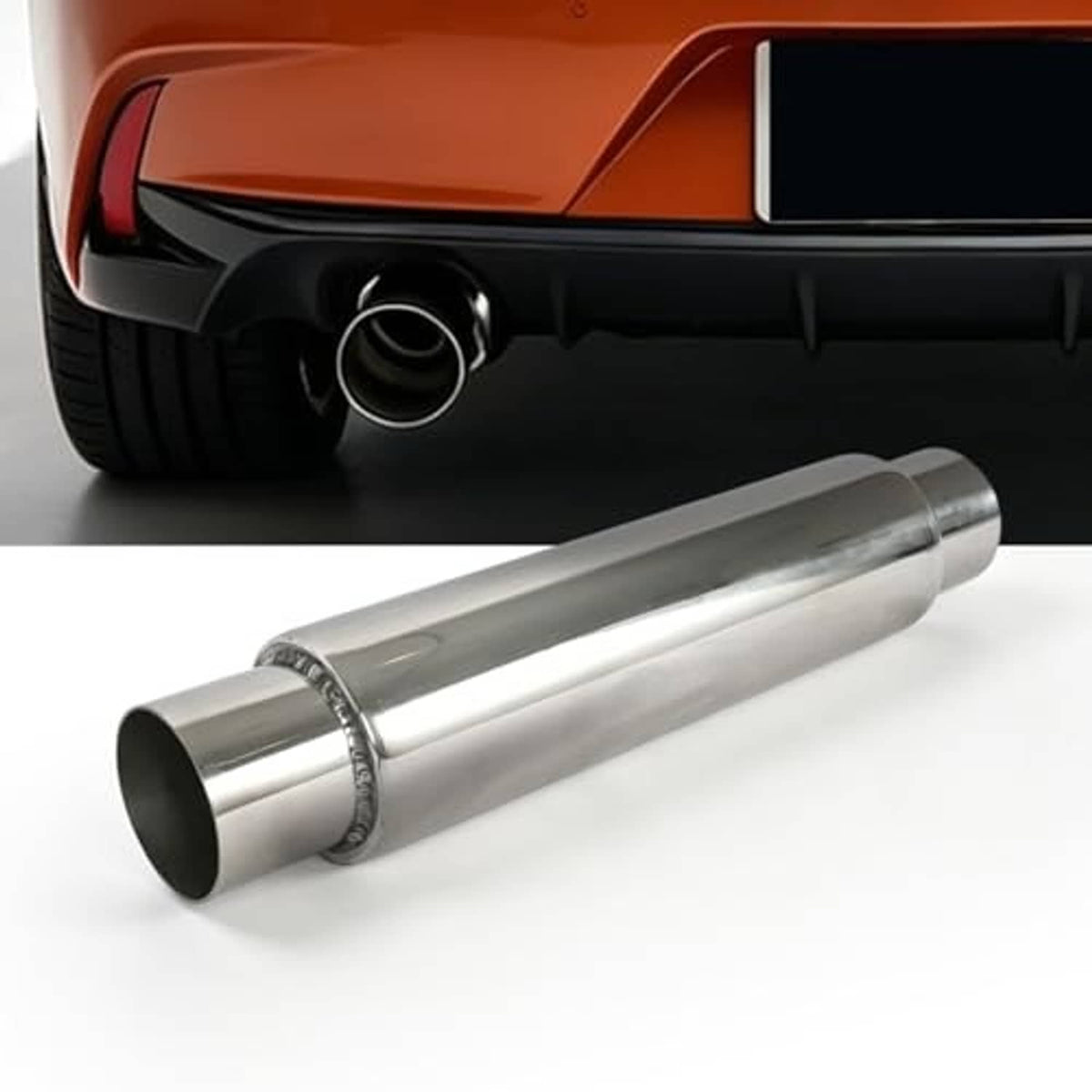 Stainless steel resonator muffler, straight-through body with 2.25 in inlet opening