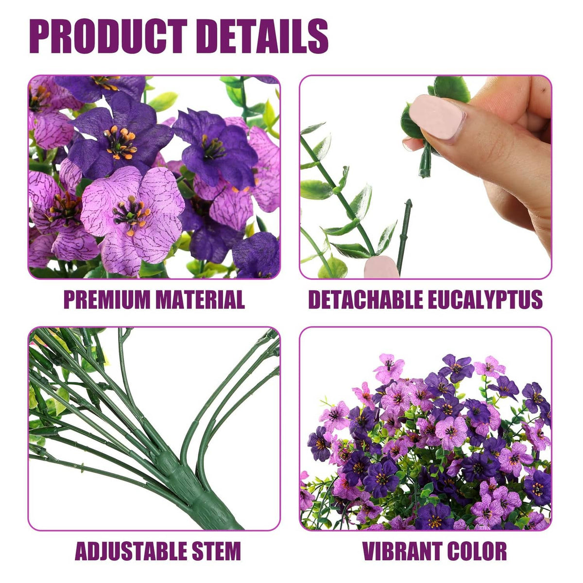 Artificial hanging flower details: purple blooms, detachable stems, adjustable loop