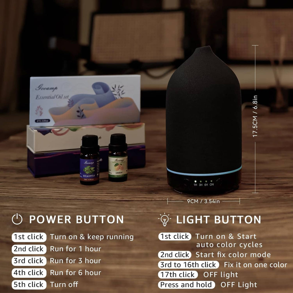 Black ceramic diffuser with included essential oil bottles and control icons