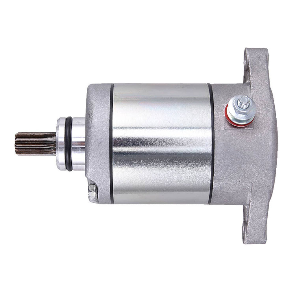 Starter motor assembly side view with mounting ear and exposed gear drive shaft